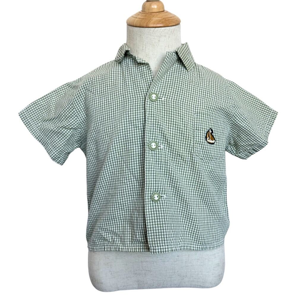 Vintage Toddler Boys Green Gingham Button Up Shirt Sailboat Pocket Cotton Size 4